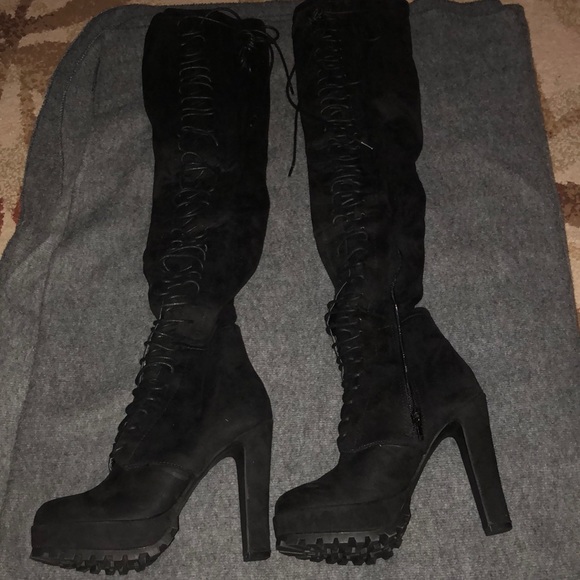 Suede lace up thigh high heels